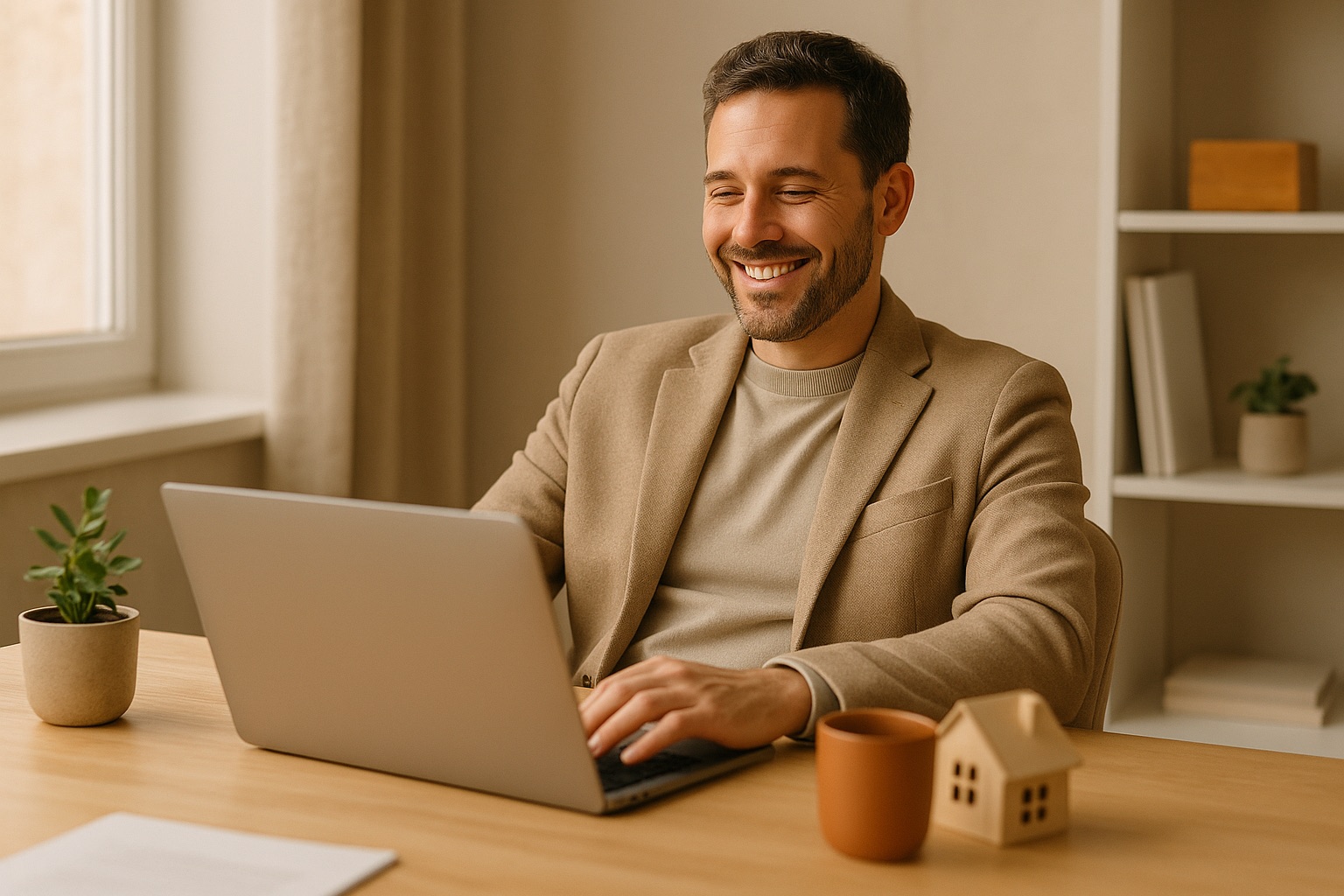 Smiling real estate agent finishing a listing quickly at a home-office desk